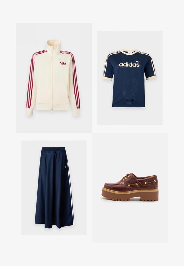 Roomkleurig trainingsjack met ritssluiting, rode drie-strepen op de mouwen en een rood Adidas trefoil-logo op de borst.; Marineblauw Adidas mesh T-shirt met korte mouwen, crèmekleurige afwerking, drie crèmekleurige strepen op de mouwen en Adidas-logo op de borst.; Donkerblauwe maxi-rok met elastische tailleband, twee witte zijstrepen en een klein wit Adidas-logo aan de linkerkant.; Bruine leren botenschoenen met een stevige bruine rubberen zool, gouden ogen en contraststiksels. Heeft een logo aan de zijkant.