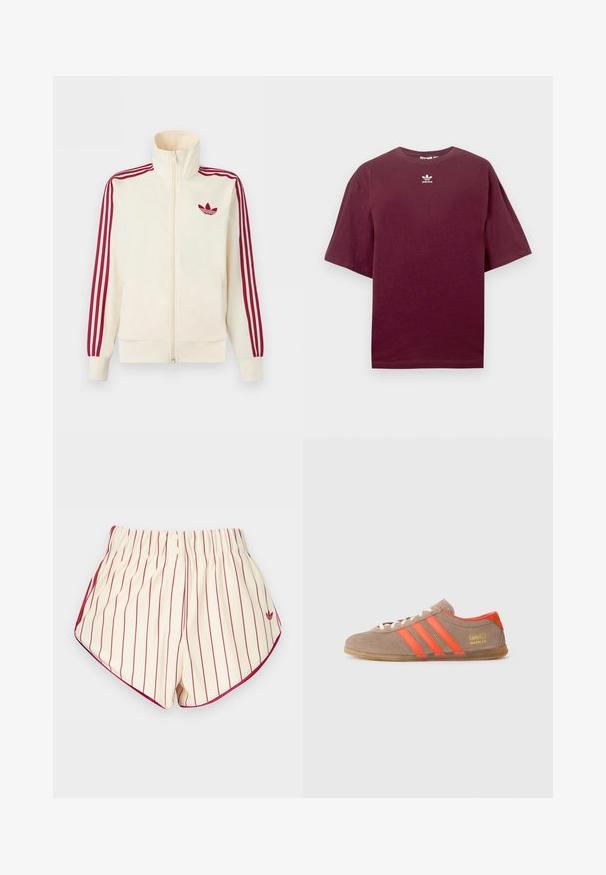 Kremfarvet lynlås-træningsjakke med rødt tre-stribe-detalje på ærmerne og rødt Adidas trefoil-logo på brystet.; Bourgognefarvet bomulds-T-shirt med rund hals og korte ærmer, med en hvid Adidas-logo centreret på brystet. Glat tekstur.; Kremshorts med lodrette røde striber, elastisk taljebånd, to knapper foran og røde kanter langs buede kanter.; Brune ruskinds sneakers med tre klare orange striber, snørebånd foran og gyldent "Gazelle" branding på siden. Flad gummi sål.