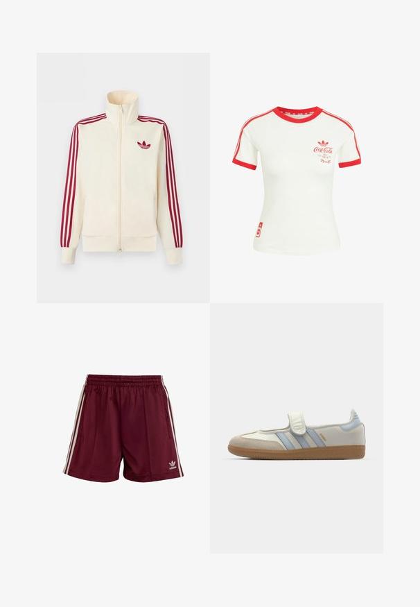 Chaqueta deportiva crema con cremallera y detalle de tres rayas rojas en las mangas, junto con el logo trefoil de Adidas en rojo en el pecho.; Camiseta blanca de manga corta con cuello rojo, ribete en las mangas, rayas y logo de Coca-Cola en el pecho y la parte inferior.; Pantalones cortos deportivos color marrón burdeos con cinturilla elástica, tres rayas blancas a cada lado y un pequeño logotipo de Adidas en blanco en la parte inferior izquierda.; adidas Originals SAMBA JANE BALLERINA - Bailarinas con hebilla - cloud white/halo blue