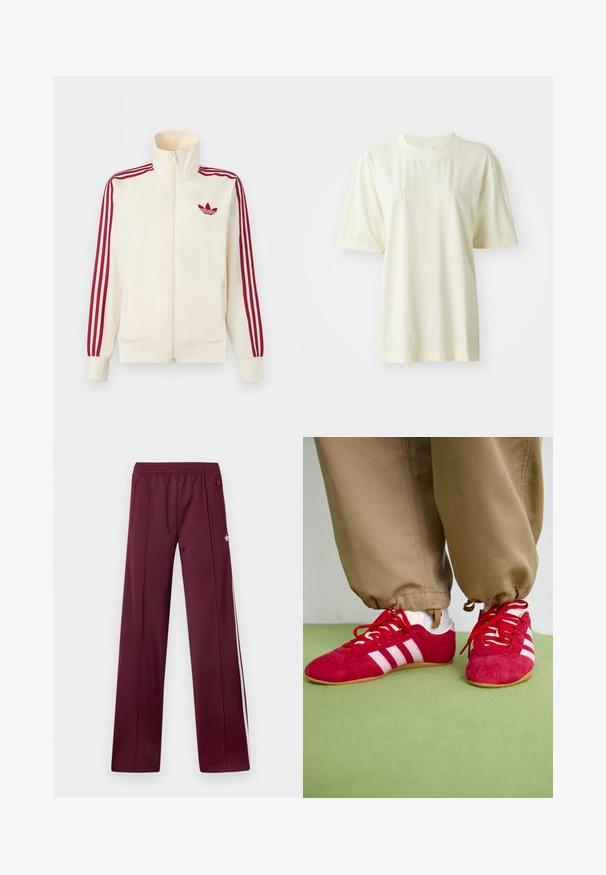 Chaqueta deportiva crema con cremallera y detalle de tres rayas rojas en las mangas, junto con el logo trefoil de Adidas en rojo en el pecho.; Camiseta de algodón color crema con cuello redondo, mangas cortas y logo "adidas" en relieve en el pecho. Textura suave y corte relajado.; Pantalones deportivos burdeos con cinturilla elástica, bolsillos laterales con cremallera, rayas blancas a los lados y un pequeño logotipo blanco de Adidas en el muslo derecho.; Zapatillas deportivas de ante rojo con rayas blancas, suela de goma plana y cordones rojos. Llevadas con pantalones beige, situadas sobre una superficie verde.