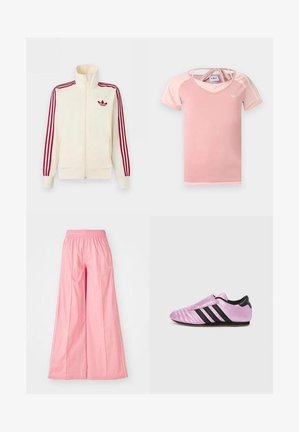 Cremefarbener Trainingsjacke mit Reißverschluss, mit roten Drei-Streifen-Details an den Ärmeln und rotem Adidas-Trefoil-Logo auf der Brust.; Hellrosa kurzärmeliges Sportshirt mit dunkler rosa Schulterpartie, weißem Adidas-Logo auf der Brust und gekreuzten Trägern am hinteren Kragen.; Rosa weit geschnittene Hosen aus einem leichten Stoff, mit einem elastischen Bund und dezenten weißen Seitenstreifen. Kleines Logo auf der Vorderseite.; adidas Originals TAEKWONDO W - Sneaker low - purple bliss/lilac/core black