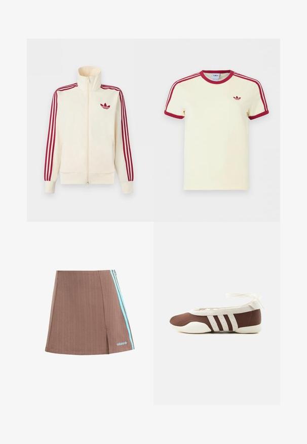 Kremfarvet lynlås-træningsjakke med rødt tre-stribe-detalje på ærmerne og rødt Adidas trefoil-logo på brystet.; Kremfarvet Adidas T-shirt med korte ærmer, rød ribkant ved hals, ærmekanter, tre røde striber på skuldrene og rødt Adidas trefoil-logo på brystet.; Brun plisseret skort med blå sidelister og logo. Har et rent design, subtil tekstur og en lige kant.; Brun og hvid balletflad sko med tre hvide striber og ankelbånds sløjfe på en ensartet lys baggrund.