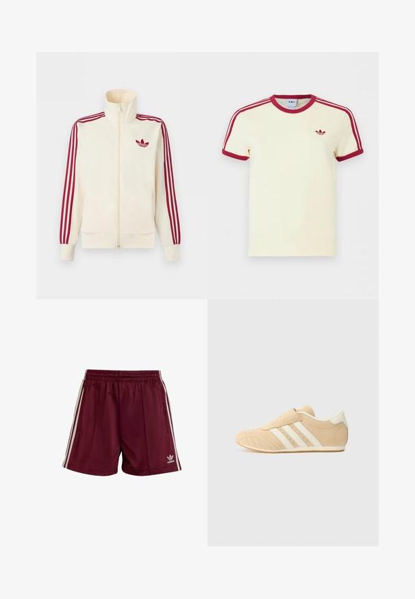 Cremefarbener Trainingsjacke mit Reißverschluss, mit roten Drei-Streifen-Details an den Ärmeln und rotem Adidas-Trefoil-Logo auf der Brust.; Cremefarbenes Adidas-T-Shirt mit kurzen Ärmeln, rotem geripptem Kragen, roten Ärmelabschlüssen, drei roten Streifen auf den Schultern und rotem Adidas-Trefoil-Logo auf der Brust.; Bordeauxrote Sport Shorts mit einem elastischen Bund, drei weißen Streifen auf jeder Seite und einem kleinen weißen Adidas-Logo auf der unteren linken Seite.; Tan- und cremefarbene Sportschuhe mit einem glatten Lederoberteil, drei weißen Streifen an der Seite und einer abgerundeten Zehenpartie. Strukturiertes Obermaterial mit Perforationen.