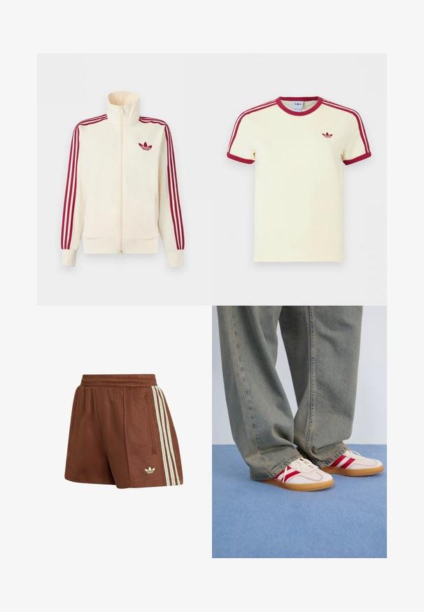 Chaqueta deportiva crema con cremallera y detalle de tres rayas rojas en las mangas, junto con el logo trefoil de Adidas en rojo en el pecho.; Camiseta Adidas de manga corta color crema con cuello y puños de manga acanalados en rojo, tres rayas rojas en los hombros y logo trefoil de Adidas en rojo en el pecho.; Pantalones cortos deportivos marrones de Adidas con cintura elástica, bolsillo lateral con cremallera, tres franjas blancas y logo en la pierna izquierda.; Zapatillas blancas con rayas rojas, parte superior de lona texturizada, puntera redonda, suela plana de goma, combinadas con pantalones vaqueros azul claro y holgados.