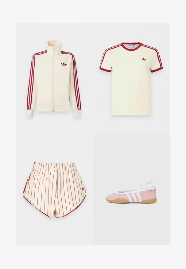 Krémová bežecká bunda na zips s červenými tromi pruhmi na rukávoch a červeným logom Adidas trefoil na hrudi.; Krémové krátke tričko Adidas s červeným rebrovaným golierom, koncami rukávov, tromi červenými pruhmi na ramenách a červeným logom Adidas trefoil na hrudi.; Krémové šortky s vertikálnymi červenými pruhmi, elastickým pásom, dvoma prednými gombíkmi a červeným lemovaním pozdĺž zaoblených lemov.; adidas Originals TAEKWONDO MEI BALLET - Tenisky - clear pink/ftwr white/gum