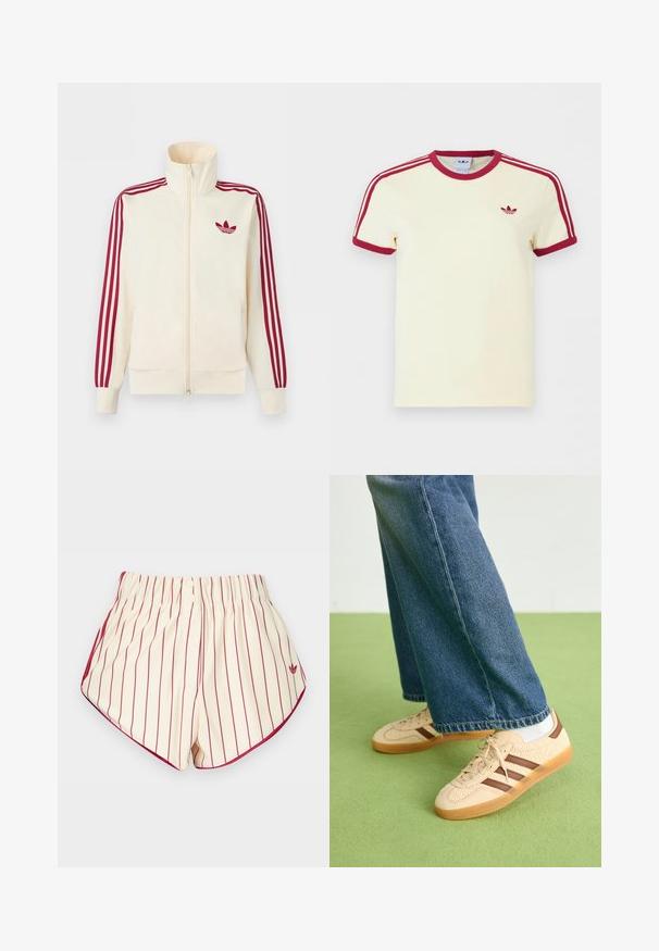 Cremefarbener Trainingsjacke mit Reißverschluss, mit roten Drei-Streifen-Details an den Ärmeln und rotem Adidas-Trefoil-Logo auf der Brust.; Cremefarbenes Adidas-T-Shirt mit kurzen Ärmeln, rotem geripptem Kragen, roten Ärmelabschlüssen, drei roten Streifen auf den Schultern und rotem Adidas-Trefoil-Logo auf der Brust.; Cremefarbene Shorts mit vertikalen roten Streifen, elastischem Bund, zwei vorderen Knöpfen und roter Einfassung entlang der geschwungenen Säume.; Beige Sneakers mit strukturierten cremefarbenen Paneelen und braunen Streifen, kombiniert mit blauen Jeans. Die Jeans haben einen weiten Beinschnitt und einen fransigen Saum.