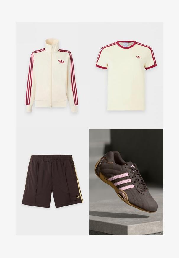 Krémová bežecká bunda na zips s červenými tromi pruhmi na rukávoch a červeným logom Adidas trefoil na hrudi.; Krémové krátke tričko Adidas s červeným rebrovaným golierom, koncami rukávov, tromi červenými pruhmi na ramenách a červeným logom Adidas trefoil na hrudi.; Čierne športové šortky s elastickým pásom, žltými bočnými pruhmi, vreckami na zips a malým logom Adidas na ľavej nohe.; Hnedé semišové športové topánky s ružovými pruhmi a logom, s textúrovaným vrchom, šnurovaním a gumovou podrážkou.