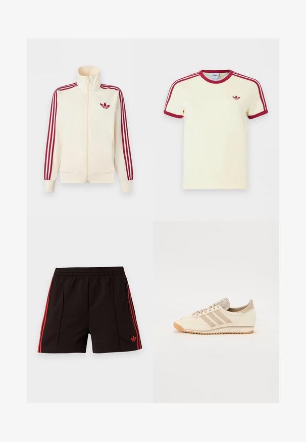 Krémová bežecká bunda na zips s červenými tromi pruhmi na rukávoch a červeným logom Adidas trefoil na hrudi.; Krémové krátke tričko Adidas s červeným rebrovaným golierom, koncami rukávov, tromi červenými pruhmi na ramenách a červeným logom Adidas trefoil na hrudi.; Čierne športové šortky s elastickým pásom, červenými bočnými pruhmi, vreckami na zips a červeným logom Adidas Trefoil na ľavej nohe.; Svetlo béžová športová obuv s vrchným materiálom z sieťoviny, tromi pruhmi a textúrovanou gumovou podrážkou. Vyznačuje sa zaoblenou špičkou a minimalistickým dizajnom.