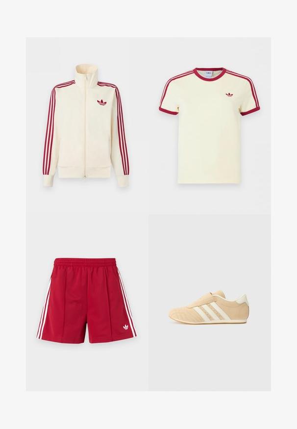 Kremfarvet lynlås-træningsjakke med rødt tre-stribe-detalje på ærmerne og rødt Adidas trefoil-logo på brystet.; Kremfarvet Adidas T-shirt med korte ærmer, rød ribkant ved hals, ærmekanter, tre røde striber på skuldrene og rødt Adidas trefoil-logo på brystet.; Røde atletikshorts med elastisk taljebånd, hvide sidelommer, lynlåslommer og et lille hvidt Adidas-logo på det venstre forben.; Brune og creme atletiksko med overdel i glat læder, tre hvide striber på siden og en rund tå. Tekstureret overdel med perforeringer.