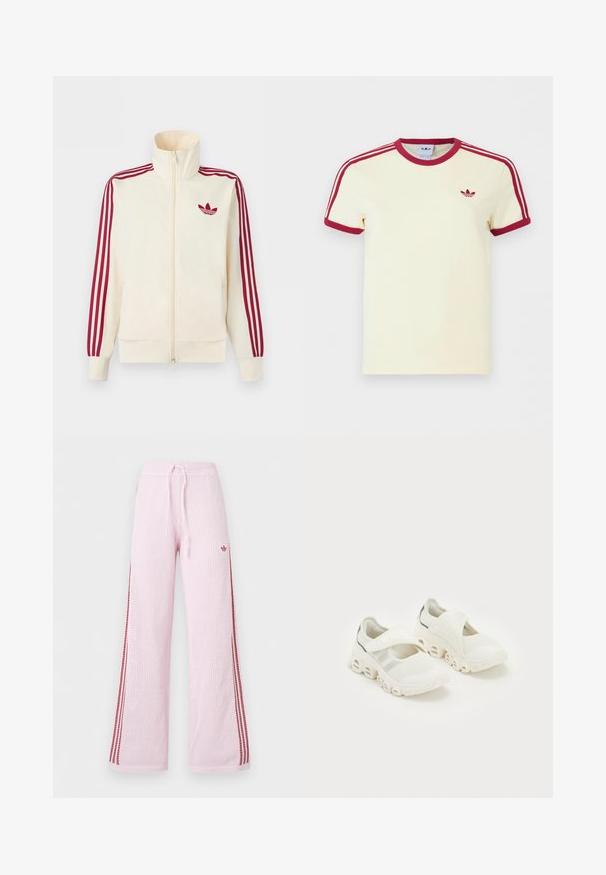 Krémová bežecká bunda na zips s červenými tromi pruhmi na rukávoch a červeným logom Adidas trefoil na hrudi.; Krémové krátke tričko Adidas s červeným rebrovaným golierom, koncami rukávov, tromi červenými pruhmi na ramenách a červeným logom Adidas trefoil na hrudi.; Svetloružové pletené široké nohavice s červenými bočnými pásmi, pás so šnúrkou a malým logom na hornej časti stehna.; Biele tréningové tenisky z priedušného materiálu so zapínaním na pásik, polstrovanou podporou člena a výrazným zakriveným dizajnom podrážky s vyhĺbenými časťami.