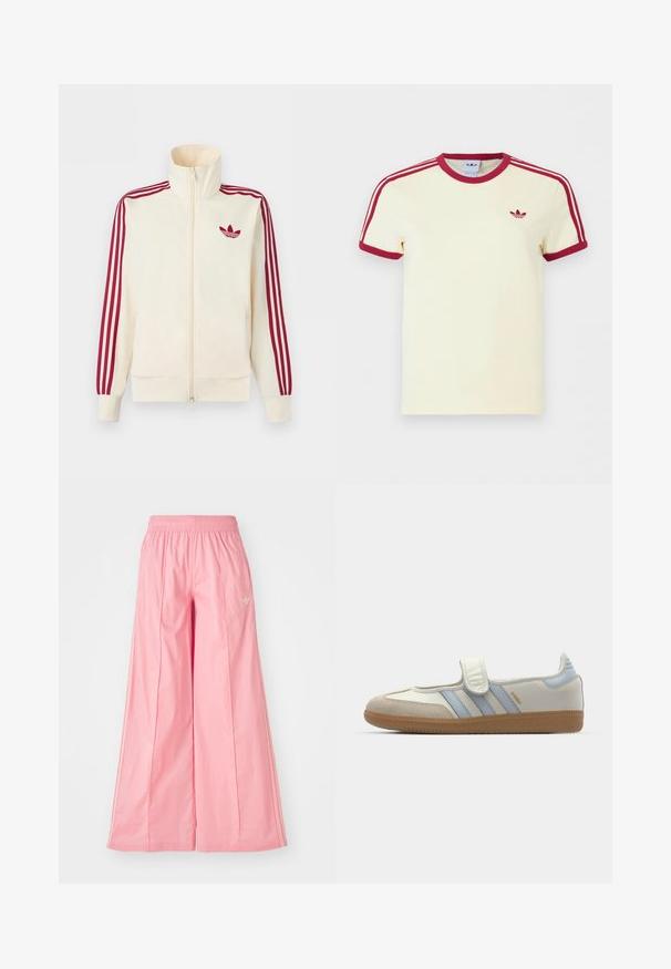 Krémová bežecká bunda na zips s červenými tromi pruhmi na rukávoch a červeným logom Adidas trefoil na hrudi.; Krémové krátke tričko Adidas s červeným rebrovaným golierom, koncami rukávov, tromi červenými pruhmi na ramenách a červeným logom Adidas trefoil na hrudi.; Ružové široké nohavice vyrobené z ľahkej tkaniny, s elastickým pásom a jemnými bielymi bočnými prúžkami. Malé logo na prednej strane.; adidas Originals SAMBA JANE BALLERINA - Balerínky s remienkom okolo členku - cloud white/halo blue