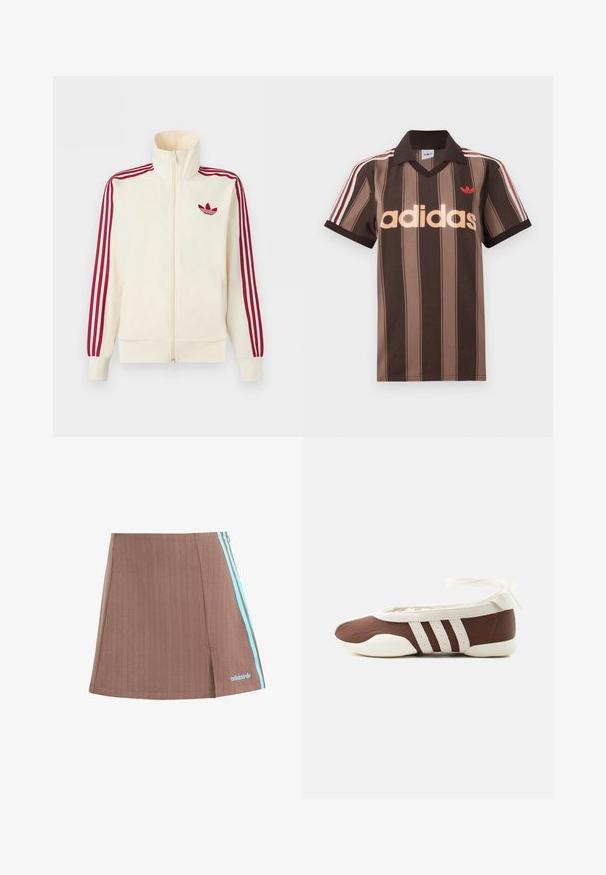 Roomkleurig trainingsjack met ritssluiting, rode drie-strepen op de mouwen en een rood Adidas trefoil-logo op de borst.; Bruine gestreepte Adidas polo met V-hals, bordeauxrode kraag en rood logo. Heeft witte en rode schouderstrepen, korte mouwen.; Bruine geplooide skort met blauwe zijstrepen en logo. Kenmerkt zich door een strakke uitstraling, subtiele textuur en een rechte zoom.; Bruine en witte ballerinaschoenen met drie witte strepen en een strik om de enkel op een effen lichte achtergrond.