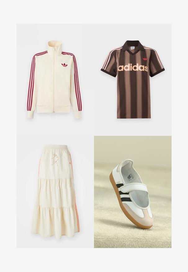Krémová bežecká bunda na zips s červenými tromi pruhmi na rukávoch a červeným logom Adidas trefoil na hrudi.; Hnedé prúžkované polo tričko Adidas s výstrihom do V, bordovým golierom a červeným logom. Má bielo-červené pruhy na ramenách a krátke rukávy.; Svetlo krémová midi sukňa v tierovanom štýle s elastickým pásom a šnúrkou na stiahnutie. Má oranžové bočné pruhy a mäkkú, hladkú bavlnenú textúru.; Biele topánky s ružovým semišovým špičkou, čiernymi pruhmi a suchým zipsom. Majú hnedú gumovú podrážku a logo po boku.