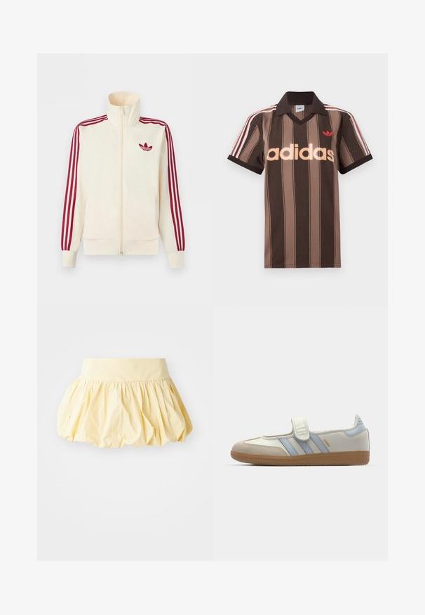 Veste de survêtement à fermeture éclair crème avec détail de trois rayures rouges sur les manches et logo trèfle Adidas rouge sur la poitrine.; Polo Adidas rayé marron avec col en V, col bordeaux, et logo rouge. Comprend des rayures blanches et rouges sur les épaules, manches courtes.; Jupe en coton jaune avec un design volumineux et froncé, dotée d'une large ceinture. Sa texture lisse et son tissu léger lui confèrent une allure décontractée.; adidas Originals SAMBA JANE BALLERINA - Babies - cloud white/halo blue