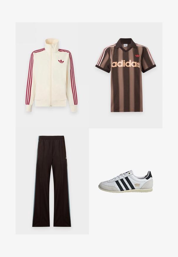 Krémová bežecká bunda na zips s červenými tromi pruhmi na rukávoch a červeným logom Adidas trefoil na hrudi.; Hnedé prúžkované polo tričko Adidas s výstrihom do V, bordovým golierom a červeným logom. Má bielo-červené pruhy na ramenách a krátke rukávy.; Čierne široké teplákové nohavice s svetlomodrými bočnými pruhmi, elastickým pásom, vreckami na zips a logom Adidas na ľavom bedre.; Biele tenisky s čiernymi pruhmi a zlatým brandingom. Obsahujú semišové a kožené materiály, perforovaný zvršok a textúrovanú gumovú podrážku.