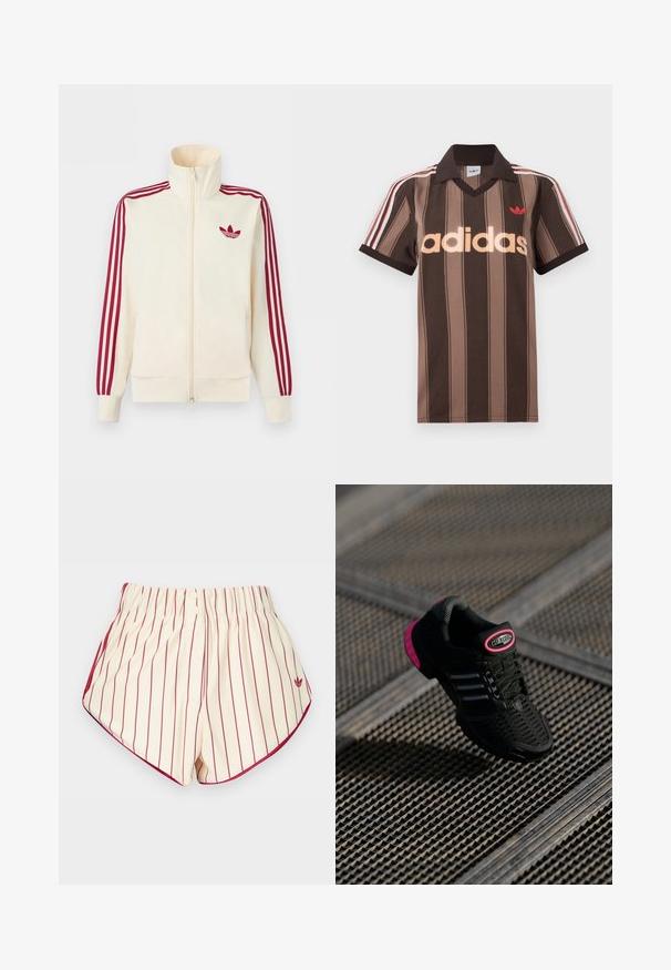 Krémová bežecká bunda na zips s červenými tromi pruhmi na rukávoch a červeným logom Adidas trefoil na hrudi.; Hnedé prúžkované polo tričko Adidas s výstrihom do V, bordovým golierom a červeným logom. Má bielo-červené pruhy na ramenách a krátke rukávy.; Krémové šortky s vertikálnymi červenými pruhmi, elastickým pásom, dvoma prednými gombíkmi a červeným lemovaním pozdĺž zaoblených lemov.; Čierna športová obuv s priehľadnou vrchnou časťou, ružovými akcentmi a čiernymi pruhovanými detailmi. Obsahuje štruktúrovanú podrážku a štítok s logom na päte.