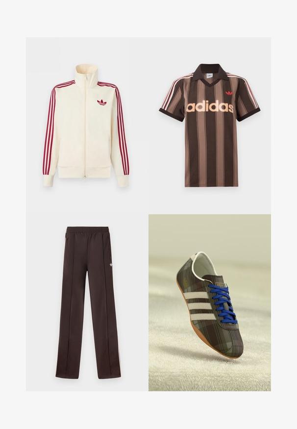 Kreemikas tõmblukuga spordijakk, millel on punased kolmerealised triibud varrukatel ja punane Adidas trefoil logo rinnal.; Pruunide triipudega Adidas polotee, V-kaelusega, bordeau krae ja punase logoga. Omad valge ja punase triibuga õlad ning lühikesed varrukad.; Tumedat pruunid Adidas jooksepüksid elastse vöökohaga, külgedel lukuga taskud ja väike valge Trefoil logo paremal reiel.; Pruunist ruudulisest kangast sportlikud kingad siniste paeltega, kolm valget triipu ja siledat pinda, millel on helesinine kummitald.