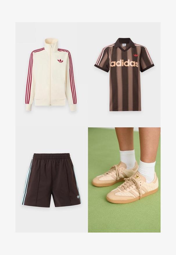 Cremefarbener Trainingsjacke mit Reißverschluss, mit roten Drei-Streifen-Details an den Ärmeln und rotem Adidas-Trefoil-Logo auf der Brust.; Braunes gestreiftes Adidas-Poloshirt mit V-Ausschnitt, bordeauxrotem Kragen und rotem Logo. Mit weißen und roten Schulterstreifen, kurzen Ärmeln.; Dunkelbraune Sportshorts mit hellblauen Seitenstreifen, elastischem Bund, Reißverschlusstaschen und Adidas-Logo auf dem vorderen rechten Bein.; Füße in beigen, gewebten Adidas-Sneakern mit Gummisohlen und weißen Knöchelsocken auf grüner texturierter Fläche.