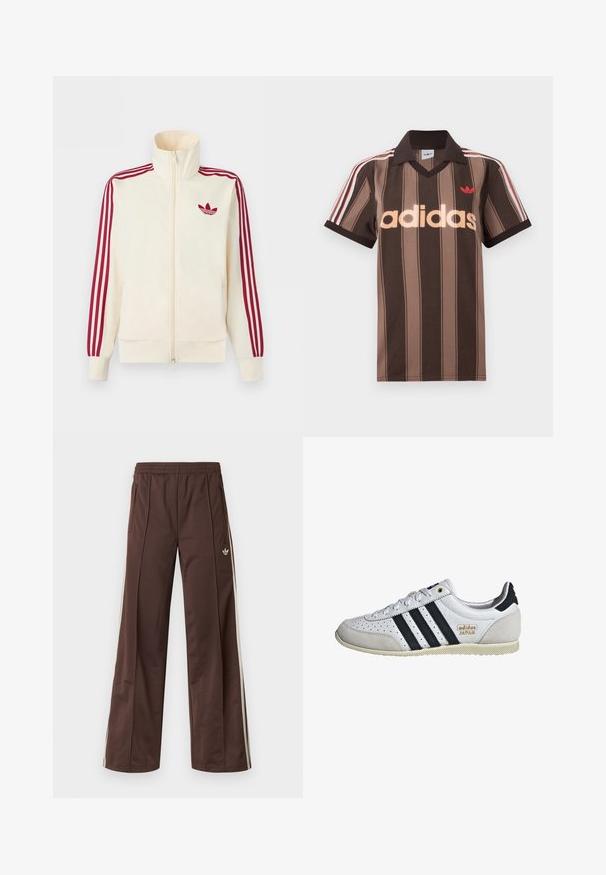 Cremefarbener Trainingsjacke mit Reißverschluss, mit roten Drei-Streifen-Details an den Ärmeln und rotem Adidas-Trefoil-Logo auf der Brust.; Braunes gestreiftes Adidas-Poloshirt mit V-Ausschnitt, bordeauxrotem Kragen und rotem Logo. Mit weißen und roten Schulterstreifen, kurzen Ärmeln.; Braune Sporthose mit weitem Bein, weißen Seitenstreifen, elastischem Bund und zwei Seitentaschen. Mit kleinem Logo am Bein.; Weiße Sneaker mit schwarzen Streifen und goldener Markenkennzeichnung. Verfügt über Materialien aus Wildleder und Leder, ein durchlässiges Obermaterial und eine strukturierte Gummisohle.