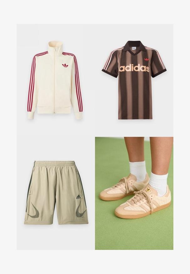 Kremfarvet lynlås-træningsjakke med rødt tre-stribe-detalje på ærmerne og rødt Adidas trefoil-logo på brystet.; Brunstribet Adidas polo-shirt med V-hals, bordeaux krave og rødt logo. Har hvide og røde skulderstriber samt korte ærmer.; Lysebeige atletikshorts lavet af letvægtsstof, med mørkegrønne stripes langs siderne, elastisk taljebånd og logo-accenter.; Fødder iført beige vævede Adidas sneakers med gummisåler og hvide ankelsokker på en grøn struktureret gulv.