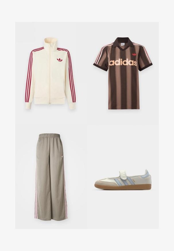 Kremfarvet lynlås-træningsjakke med rødt tre-stribe-detalje på ærmerne og rødt Adidas trefoil-logo på brystet.; Brunstribet Adidas polo-shirt med V-hals, bordeaux krave og rødt logo. Har hvide og røde skulderstriber samt korte ærmer.; Lyse olivengrønne bløde bukser med brede ben og lodrette striber, elastisk talje og lyserøde sidelister. Har et lille logo på hoften.; adidas Originals SAMBA JANE BALLERINA - Ballerinasko m/ rem - cloud white/halo blue