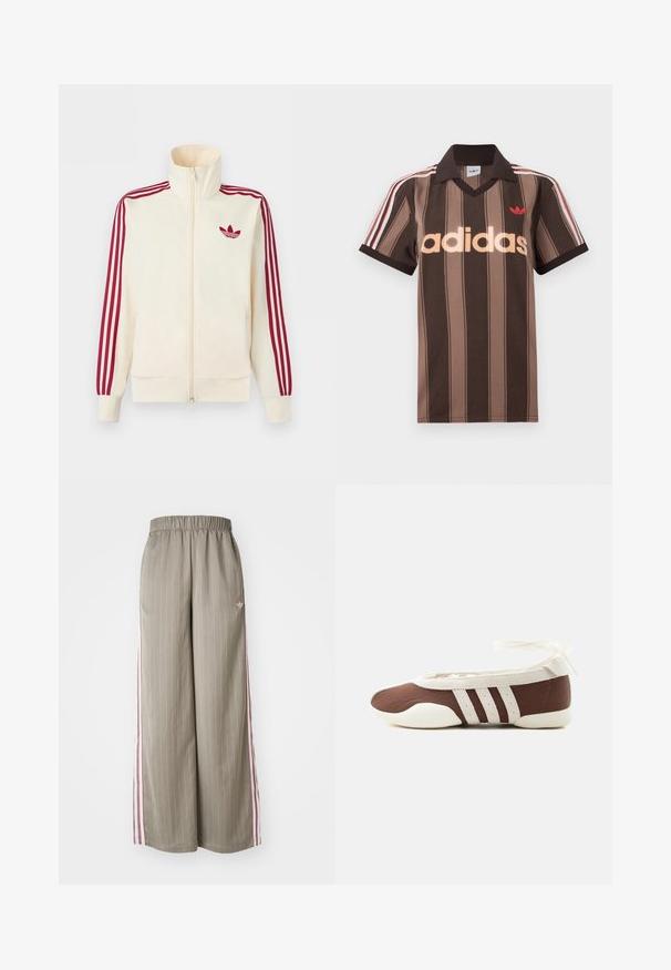 Krémová bežecká bunda na zips s červenými tromi pruhmi na rukávoch a červeným logom Adidas trefoil na hrudi.; Hnedé prúžkované polo tričko Adidas s výstrihom do V, bordovým golierom a červeným logom. Má bielo-červené pruhy na ramenách a krátke rukávy.; Svetlo olivové nohavice s širokými nohavicami a vertikálnym pruhovaním, elastickým pásom a ružovými bočnými pruhmi. Obsahuje malé logo na boku.; Hnedá a biela baletná balerína s tromi bielymi pruhmi a mašľou na zviazanie okolo členku na jednoduchom svetlom pozadí.