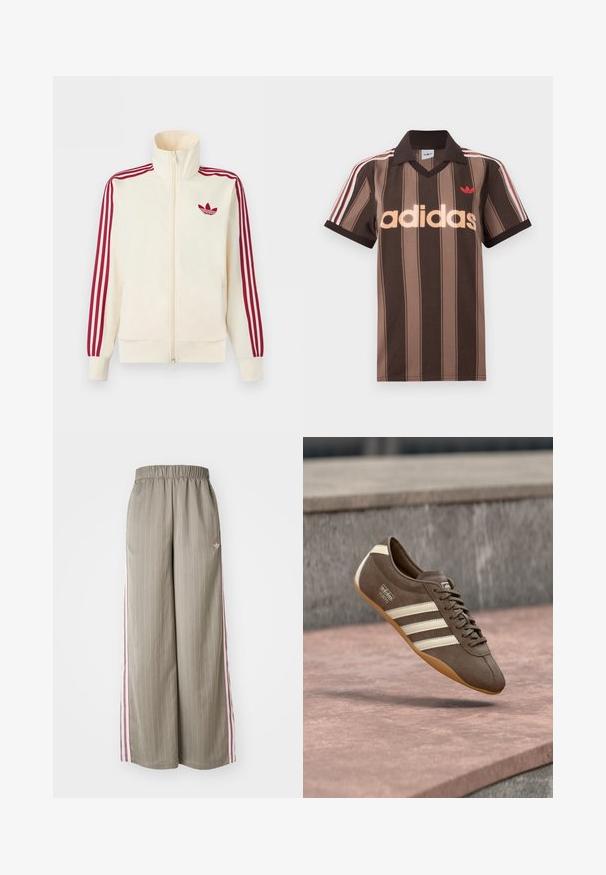 Krémová bežecká bunda na zips s červenými tromi pruhmi na rukávoch a červeným logom Adidas trefoil na hrudi.; Hnedé prúžkované polo tričko Adidas s výstrihom do V, bordovým golierom a červeným logom. Má bielo-červené pruhy na ramenách a krátke rukávy.; Svetlo olivové nohavice s širokými nohavicami a vertikálnym pruhovaním, elastickým pásom a ružovými bočnými pruhmi. Obsahuje malé logo na boku.; Hnedá semišová teniska s bielymi pruhmi a logom, so zaoblenou špičkou a podrážkou z gumy farby gumy, zavesená nad štruktúrovaným povrchom.