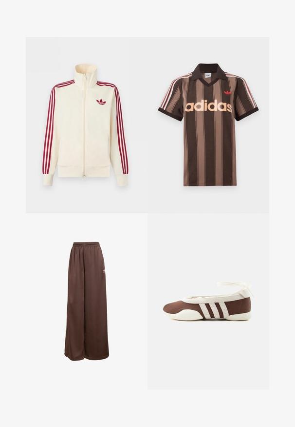 Kermanvärinen vetoketjullinen vetopaita, jossa punaiset kolmen raidan yksityiskohdat hihoissa ja punainen Adidas-trefoil-logo rinnassa.; Ruskearaidallinen Adidas-pikeepaita, jossa on V-aukko, viininpunainen kaulus ja punainen logo. Paidassa on valkoiset ja punaiset olkapääraidat sekä lyhyet hihat.; adidas Originals Verryttelyhousut - auburn cream white; Ruskea ja valkoinen balettikenkiä, joissa on kolme valkoista raitaa ja nilkkasolmulla varustettu nauha, yksinkertaisella vaalealla taustalla.