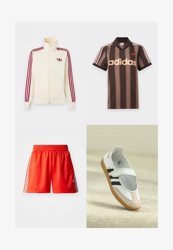 Cremefarbener Trainingsjacke mit Reißverschluss, mit roten Drei-Streifen-Details an den Ärmeln und rotem Adidas-Trefoil-Logo auf der Brust.; Braunes gestreiftes Adidas-Poloshirt mit V-Ausschnitt, bordeauxrotem Kragen und rotem Logo. Mit weißen und roten Schulterstreifen, kurzen Ärmeln.; Rote Sportshorts mit vertikalen weißen Streifen, elastischem Bund und hellblauen Akzenten an den Seiten. Verfügt über Seitentaschen.; Weiße Schuhe mit einer pinken Wildleder-Zehe, schwarzen Streifen und einem Klettverschluss. Sie verfügen über eine tanfarbene Gummisohle und ein Logo an der Seite.