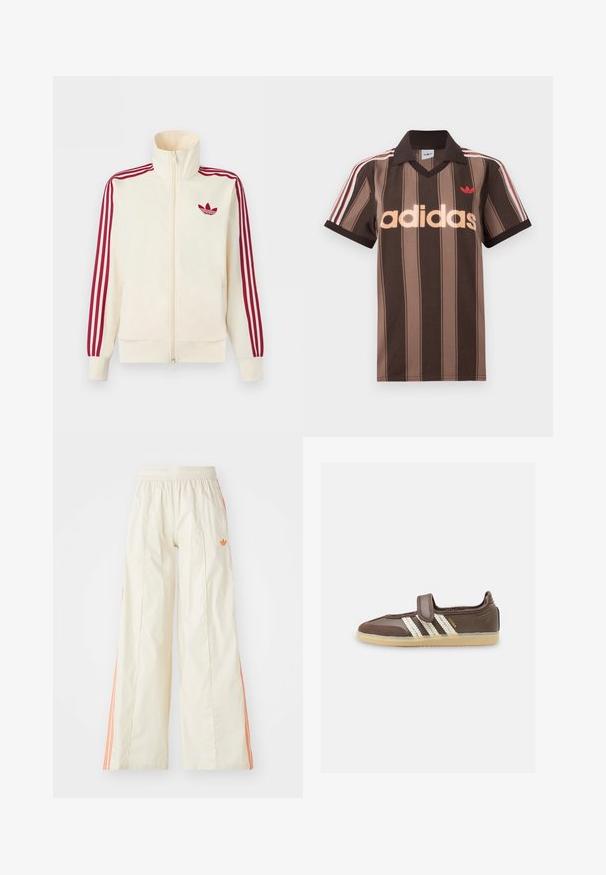 Kreemikas tõmblukuga spordijakk, millel on punased kolmerealised triibud varrukatel ja punane Adidas trefoil logo rinnal.; Pruunide triipudega Adidas polotee, V-kaelusega, bordeau krae ja punase logoga. Omad valge ja punase triibuga õlad ning lühikesed varrukad.; Kreemjas värvi laiade jalgadega püksid, millel on elastne vöökoht, oranžid küljeribad ja väike oranž logo ees.; Pruun tennisejalanõu, millel on kolm valget heegeldatud triipu ja takjapael, beež tald ning külje peal "SAMBA" tekst.