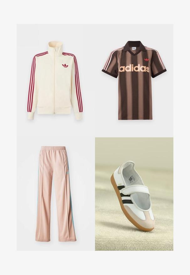 Kremfarvet lynlås-træningsjakke med rødt tre-stribe-detalje på ærmerne og rødt Adidas trefoil-logo på brystet.; Brunstribet Adidas polo-shirt med V-hals, bordeaux krave og rødt logo. Har hvide og røde skulderstriber samt korte ærmer.; Lyserøde sportspants med afslappet pasform, der har blå sidestriber og en snoretræk i taljen. Fremstillet af glat, letvægtsstof.; Hvid sko med en lyserød ruskindforfod, sorte striber og en velcrorem. Har en lys gummi sål og et logo på siden.
