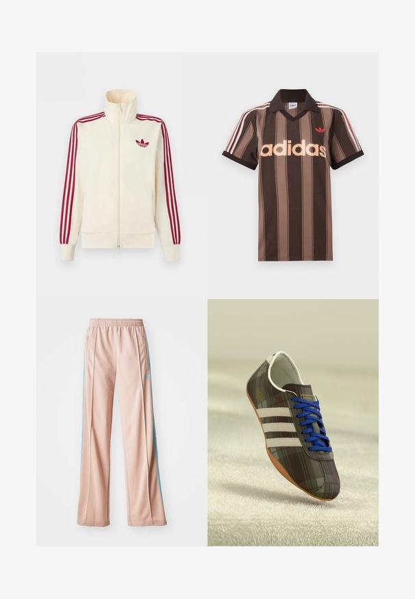 Roomkleurig trainingsjack met ritssluiting, rode drie-strepen op de mouwen en een rood Adidas trefoil-logo op de borst.; Bruine gestreepte Adidas polo met V-hals, bordeauxrode kraag en rood logo. Heeft witte en rode schouderstrepen, korte mouwen.; Lichtroze sportbroek met een ontspannen pasvorm, voorzien van blauwe zijstrepen en een trekkoord in de taille. Gemaakt van soepel, lichtgewicht materiaal.; Bruine geruite sportschoenen met blauwe veters, drie witte strepen en een glad oppervlak, met een lichtbruine rubberen zool.