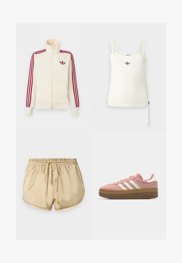 Kremfarvet lynlås-træningsjakke med rødt tre-stribe-detalje på ærmerne og rødt Adidas trefoil-logo på brystet.; Cremefarvet tanktop med tynde stropper; Adidas-logo i sort på brystet. Glat stof med en snorejustering ved kanten. Enkel design.; Beige elastiske taljershorts med frontsnørre og sidelommer, med buede kanter og glat stoffinish.; adidas Originals GAZELLE BOLD - Sneakers - mauve/off white