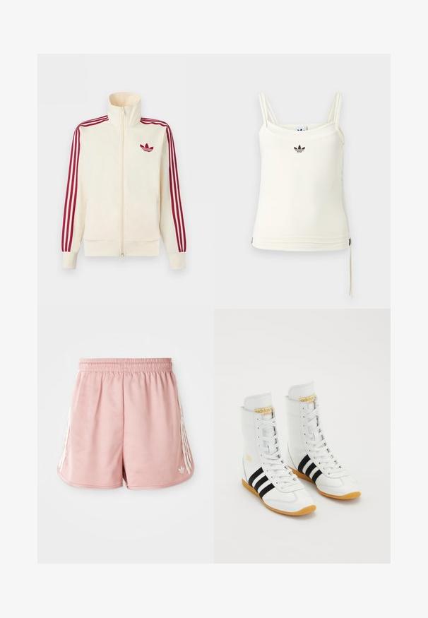 Roomkleurig trainingsjack met ritssluiting, rode drie-strepen op de mouwen en een rood Adidas trefoil-logo op de borst.; Roomkleurig tanktop met dunne bandjes; Adidas-logo in zwart op de borst. Glad stof met een koorddetail aan de zoom. Eenvoudig ontwerp.; Roze sport shorts met een elastische tailleband, witte zijstreepdetails en een klein logo aan de onderkant van de linkervoorzijde. Glad textuur van de stof.; Witte hoge sneakers van leer, met drie zwarte strepen, witte veters en een gumrubberen zool. Gouden logo-accent op de tong.