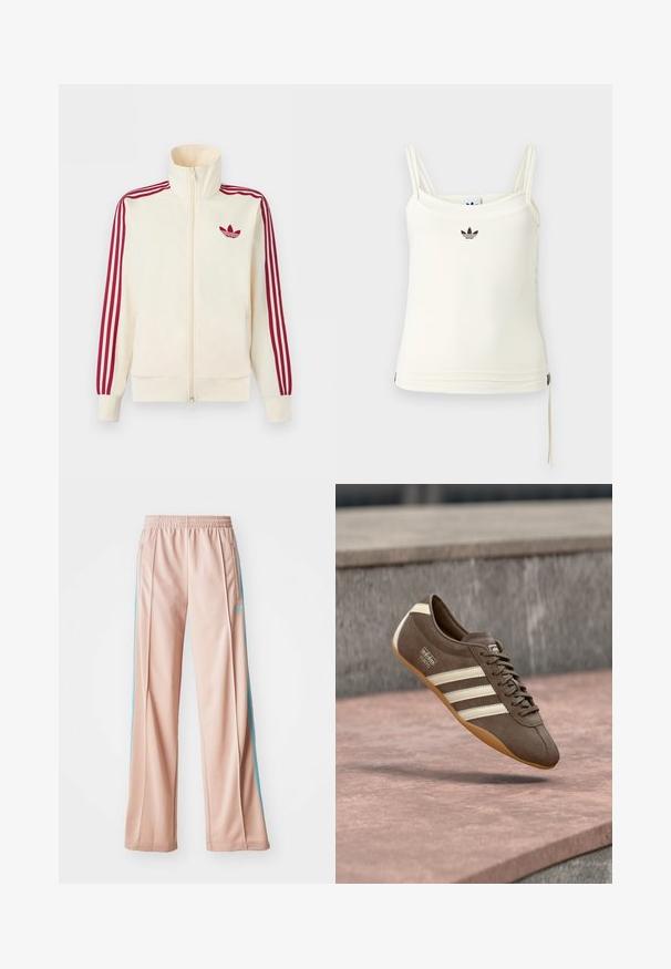 Cremefarbener Trainingsjacke mit Reißverschluss, mit roten Drei-Streifen-Details an den Ärmeln und rotem Adidas-Trefoil-Logo auf der Brust.; Cremefarbenes Tanktop mit dünnen Trägern; Adidas-Logo in Schwarz auf der Brust. Glatter Stoff mit Kordelzug-Detail am Saum. Einfaches Design.; Helle rosa Sporthosen mit entspannter Passform, ausgestattet mit blauen Seitenstreifen und einem Kordelzugbund. Hergestellt aus glattem, leichtem Stoff.; Brauner Wildledersneaker mit weißen Streifen und Branding, ausgestattet mit einer abgerundeten Zehenpartie und einer Gummisohle, schwebt über einer strukturierten Oberfläche.
