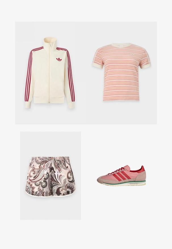 Cremefarbener Trainingsjacke mit Reißverschluss, mit roten Drei-Streifen-Details an den Ärmeln und rotem Adidas-Trefoil-Logo auf der Brust.; Kurzärmeliges pink-weiß gestreiftes T-Shirt mit cremefarbenem Kragen und Bündchen, kleinem Adidas-Logo auf der Brust und zwei weißen Streifen auf den Ärmeln.; Kurze Damen-Shorts mit elastischem Bund, verziert mit filigranen Paisley-Mustern in Beige-, Braun-, Grau- und Weißtönen.; Pink-rote Adidas-Sneaker mit Wildleder an Zehen- und Fersenpartie, roten Schnürsenkeln, grünem Streifen über der weißen Sohle, seitlich betrachtet.