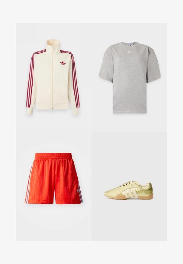 Kermanvärinen vetoketjullinen vetopaita, jossa punaiset kolmen raidan yksityiskohdat hihoissa ja punainen Adidas-trefoil-logo rinnassa.; Vaaleanharmaa Adidas lyhythihainen t-paita pyöreällä kaula-aukolla ja pienellä valkoisella Adidas-logolla rinnassa, esitetty yksivärisellä taustalla.; Punaiset urheilushortsit, joissa on pystysuorat valkoiset raidat, joustava vyötärö ja vaaleansiniset yksityiskohdat sivuilla. Sisältää sivutaskut.; Limenvihreä synteettinen urheilukenkä, jossa on sileä pinta, kolme valkoista raitaa, pehmeä sisävuori ja kuvioitu kumipohja.