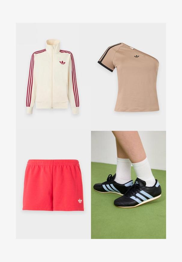 Krémová bežecká bunda na zips s červenými tromi pruhmi na rukávoch a červeným logom Adidas trefoil na hrudi.; Béžový športový top s jedným ramenom, čiernymi pruhmi na krátkom rukáve a malým čiernym logom Adidas na hrudi.; Červené športové šortky s elastickým pásom a malým bielym logom Adidas na spodnej ľavej nohe na jednofarebnom pozadí.; Čierne kožené športové topánky so svetlomodrými pruhmi, textúrovanými zvrškom a gumovou podrážkou, v kombinácii s bielymi rebrovanými ponožkami na zelenej podlahe.