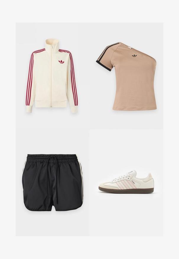 Chaqueta deportiva crema con cremallera y detalle de tres rayas rojas en las mangas, junto con el logo trefoil de Adidas en rojo en el pecho.; Top deportivo beige de un solo hombro con rayas negras en la manga corta y pequeño logo negro de Adidas en el pecho.; Pantalones cortos deportivos negros con cinturilla elástica y cordón, con rayas laterales blancas y dobladillos redondeados.; Zapatillas deportivas de cuero blanco con rayas de acento rosa, suela de goma marrón y puntera de ante. Presentan cordones y etiqueta de la marca en la lengüeta.