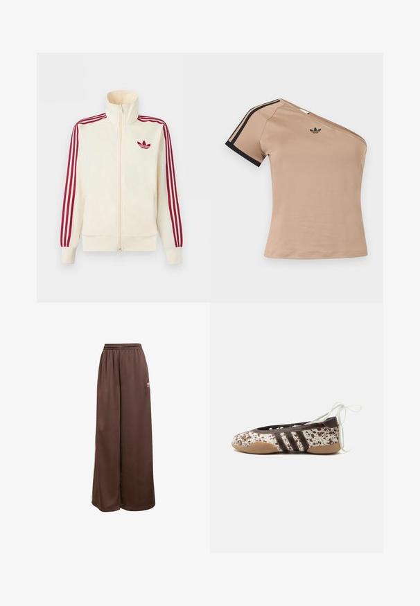 Veste de survêtement à fermeture éclair crème avec détail de trois rayures rouges sur les manches et logo trèfle Adidas rouge sur la poitrine.; Top de sport beige asymétrique avec des rayures noires sur la manche courte et un petit logo Adidas noir sur la poitrine.; adidas Originals Pantalon de survêtement - auburn cream white; Chaussure de ballet plate avec un motif tacheté marron et blanc, trois bandes foncées sur le côté, semelle marron clair et lacets blancs à nouer à la cheville.