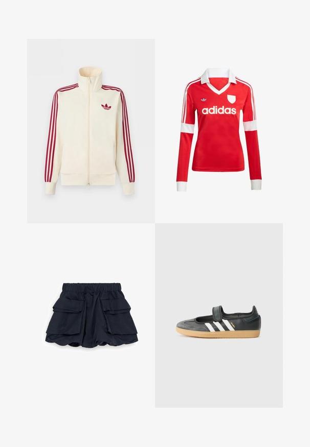 Veste de survêtement à fermeture éclair crème avec détail de trois rayures rouges sur les manches et logo trèfle Adidas rouge sur la poitrine.; Maillot de football à manches longues rouge avec un col et des poignets blancs. Présente trois rayures blanches sur les épaules et le logo "adidas" affiché en évidence.; Shorts bleu marine avec une large ceinture élastique et de grandes poches cargo de chaque côté, présentant un design ample et légèrement bouffant.; Sneaker en cuir noir et suède avec une sangle Velcro, arborant trois bandes blanches et une semelle en caoutchouc, étiqueté "SAMBA" sur le côté.