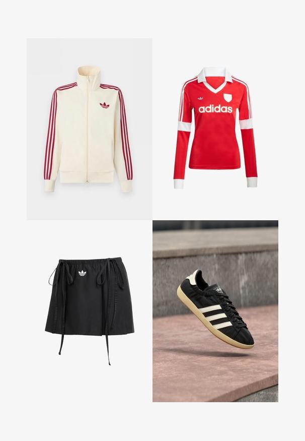 Cremefarbener Trainingsjacke mit Reißverschluss, mit roten Drei-Streifen-Details an den Ärmeln und rotem Adidas-Trefoil-Logo auf der Brust.; Rotes Fußballtrikot mit langen Ärmeln, weißem Kragen und weißen Ärmelbündchen. Es hat drei weiße Streifen auf den Schultern und das "adidas"-Logo ist auffällig platziert.; Schwarzer Sportrock mit verstellbaren Kordeln, mit einem kleinen weißen Logo auf der Vorderseite. Aus leichtem Stoff mit glatter Textur.; Schwarzer Adidas-Sneaker mit weißen Streifen und beiger Sohle, in der Luft über einer steinernen Oberfläche und mit Steinwand im Hintergrund aufgenommen.