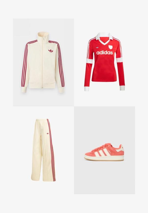 Roomkleurig trainingsjack met ritssluiting, rode drie-strepen op de mouwen en een rood Adidas trefoil-logo op de borst.; Rode lange mouwen voetbalshirt met een witte kraag en manchetten. Heeft drie witte strepen op de schouders en het "adidas" logo prominent weergegeven.; Crèmekleurige wijde trainingsbroek met rode zijstrepen, elastische tailleband, ritssluitingzak en rood Adidas-logo op de dij.; Roze suède sneakers met crèmekleurige strepen, ronde veters en een gestructureerde tong. Voorzien van een gumrubberen zool en een logo op de hiel.