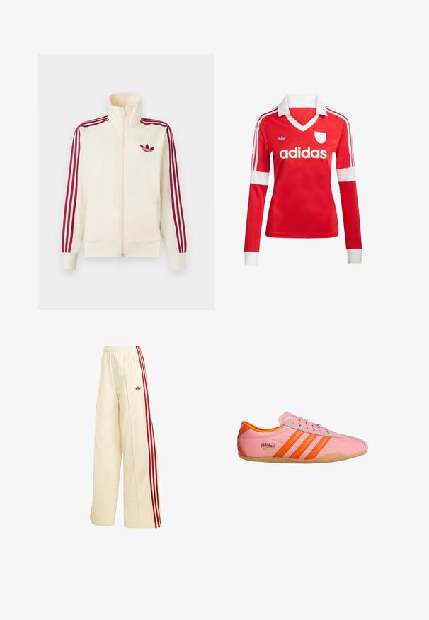 Kremfarvet lynlås-træningsjakke med rødt tre-stribe-detalje på ærmerne og rødt Adidas trefoil-logo på brystet.; Rød langærmet fodboldtrøje med hvid krave og manchetter. Har tre hvide striber på skuldrene og "adidas" logoet fremtrædende vist.; Kremfarvede vidde træningsbukser med røde sidelommer, elastisk talje, lynlåslomme og rødt Adidas-logo på låret.; Lyserød sneakers med orange detaljer, der har tre striber, et tekstureret materiale, snørebånd foran og en gummisål. Branding på siden.