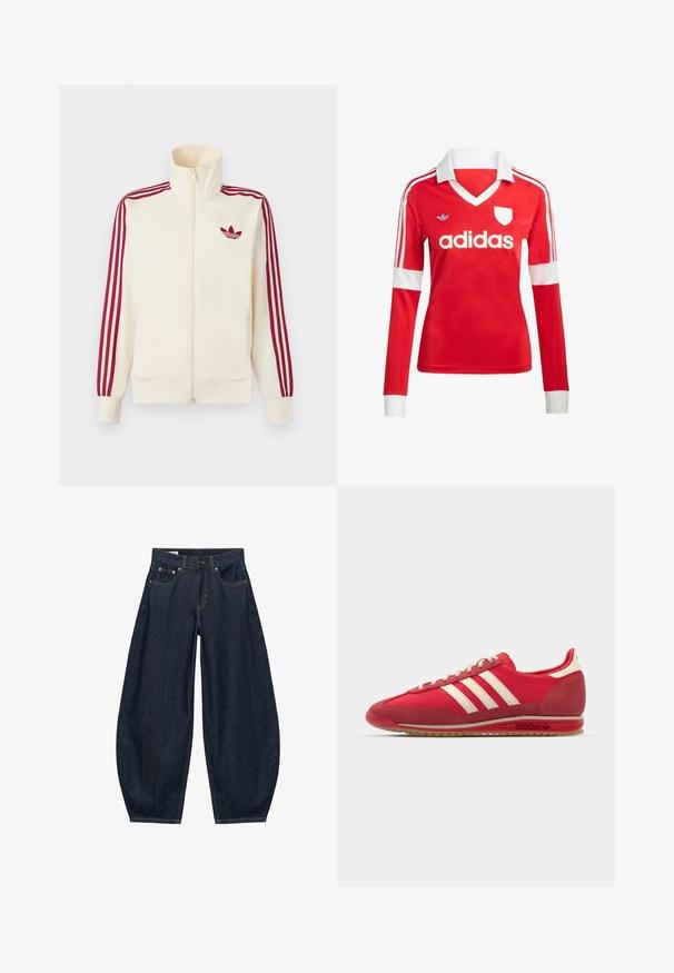 Kremfarvet lynlås-træningsjakke med rødt tre-stribe-detalje på ærmerne og rødt Adidas trefoil-logo på brystet.; Rød langærmet fodboldtrøje med hvid krave og manchetter. Har tre hvide striber på skuldrene og "adidas" logoet fremtrædende vist.; Mørkeblå vidde jeans med frontlommer, bæltestropper og knaplukning i taljen.; Rød atletisk sneakers med en tekstureret overdel, tre hvide striber, rund tå og gummisål med logodetaljer på siden.