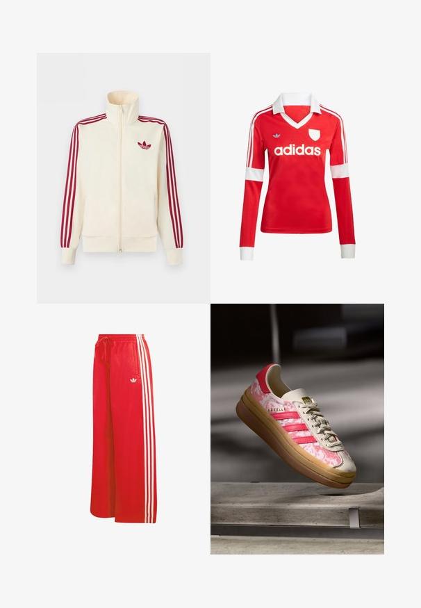 Roomkleurig trainingsjack met ritssluiting, rode drie-strepen op de mouwen en een rood Adidas trefoil-logo op de borst.; Rode lange mouwen voetbalshirt met een witte kraag en manchetten. Heeft drie witte strepen op de schouders en het "adidas" logo prominent weergegeven.; Rode atletische broek gemaakt van lichtgewicht materiaal, met een wijduitlopende pijp, elastische tailleband, trekkoord en drie witte strepen aan elke kant.; Roze-gepatroneerde sneaker met een zachte, off-white leren bovenkant, drie roze strepen en een zool van rubber met een gum uitstraling. Gouden branding op de tong.