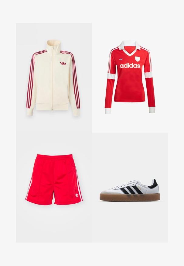 Cremefarbener Trainingsjacke mit Reißverschluss, mit roten Drei-Streifen-Details an den Ärmeln und rotem Adidas-Trefoil-Logo auf der Brust.; Rotes Fußballtrikot mit langen Ärmeln, weißem Kragen und weißen Ärmelbündchen. Es hat drei weiße Streifen auf den Schultern und das "adidas"-Logo ist auffällig platziert.; Rote Sportshorts mit elastischem Bund, ausgestattet mit weißen Seitenstreifen und einem gestickten Logo auf der unteren linken Seite. Glatte Textur.; Weiße Leder Sneakers mit schwarzen Streifen, Gummigummi-Außensohle, runder Zehenform, Schnürverschluss und weichem grauem Wildleder-Zehenkappe.