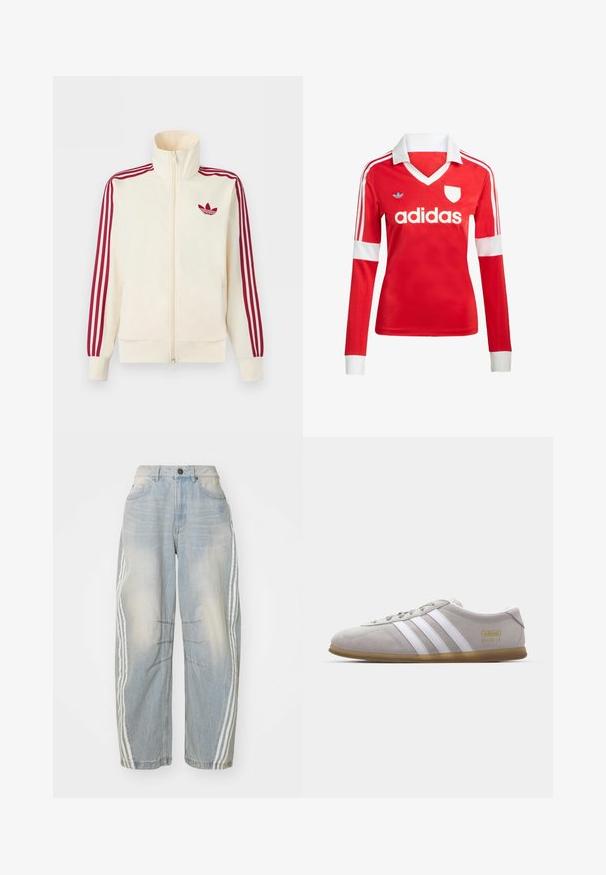 Kreemikas tõmblukuga spordijakk, millel on punased kolmerealised triibud varrukatel ja punane Adidas trefoil logo rinnal.; Punane pikade varrukatega jalgpallipluus valge krae ja varrukateotstega. Omab kolme valget triipu õlgadel ja väljapaistvat "adidas" logo.; Heledad sinine teksarihm, millel on lõtv lõige, valged triibud külgedel, kulunud detailid ja nupuga sulgemine vööl.; Hall värvi suede tossud valgete nahkraitsete ja kuldse logo detailiga. Üksikasjalik kummikummist talla, ümar nina ja klassikaline paeltega sulgemise disain.