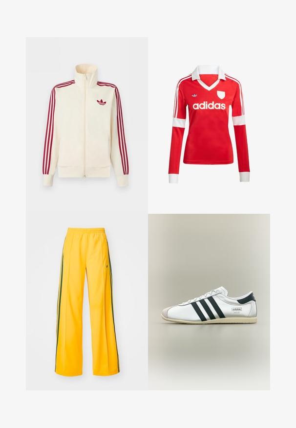 Cremefarbener Trainingsjacke mit Reißverschluss, mit roten Drei-Streifen-Details an den Ärmeln und rotem Adidas-Trefoil-Logo auf der Brust.; Rotes Fußballtrikot mit langen Ärmeln, weißem Kragen und weißen Ärmelbündchen. Es hat drei weiße Streifen auf den Schultern und das "adidas"-Logo ist auffällig platziert.; Gelbe Sporthosen mit weitem Bein, ausgestattet mit grünen Seitenstreifen und einem kleinen Logo auf der linken Hüfte. Elastischer Bund für mehr Komfort.; Weißer Adidas Paris Sneaker mit schwarzen Streifen, beiger Sohle und Wildleder-Zehenkappe, von der Seite auf neutralem Hintergrund gezeigt.