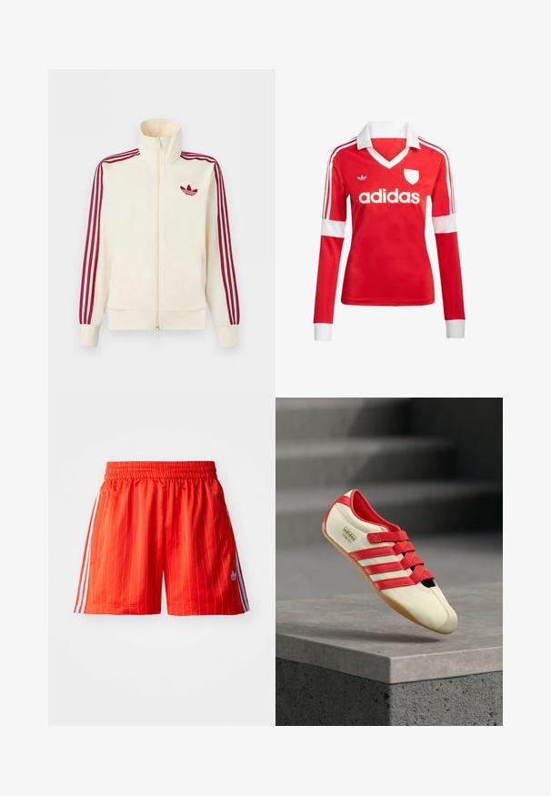 Kreemikas tõmblukuga spordijakk, millel on punased kolmerealised triibud varrukatel ja punane Adidas trefoil logo rinnal.; Punane pikade varrukatega jalgpallipluus valge krae ja varrukateotstega. Omab kolme valget triipu õlgadel ja väljapaistvat "adidas" logo.; Punased sportlikud lühikesed püksid vertikaalsete valgete triipudega, elastse vöökoha ja helesiniste aktsentidega külgedel. Omab küljetaskuid.; Punase ja koorevärvi spordijalats, millel on kolm punast triipu, pehme ülaosa, kummist tall ja takjapaelad. Omaduseks on stiilne, madala profiiliga disain.